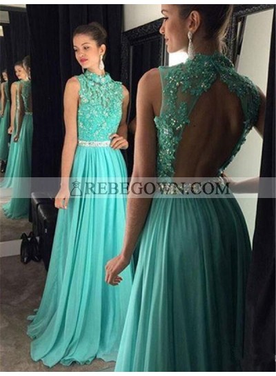 2023 Cheap A Line Turquoise Chiffon Backless High Neck Beaded Prom Dress