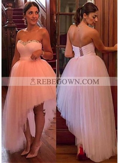 New Arrival Tulle Knee Length High Low Sweetheart Lace Up Short Pink Prom Dress