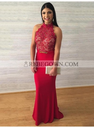 2023 Charming Sheath Red High Neck Lace Backless Prom Dress