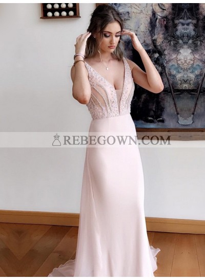 2023 Elegant Blushing Pink Sheath V Neck Beaded Chiffon Long Prom Dress