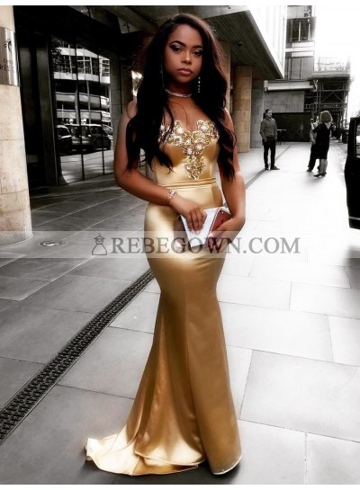 Sexy Mermaid  Elastic Satin Gold Sweetheart Zipper Back Long Prom Dress 2023