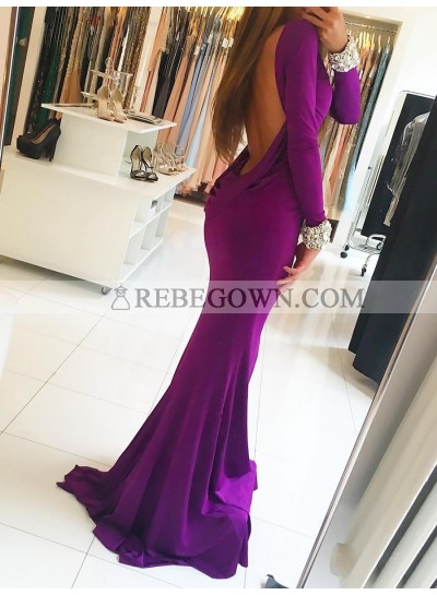Charming Mermaid  Purple Long Sleeves Round Neck Backless Prom Dress 2023