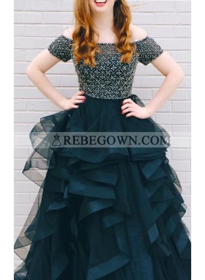 2023 New Arrival A Line Off Shoulder Dark Navy Beaded Sweetheart Ruffles Short Sleeves Plus Size Prom Dress