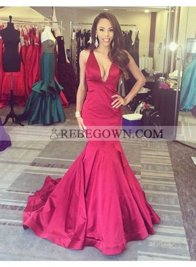 2023 Sexy Mermaid  Red Satin V Neck Backless Long Cheap Prom Dress