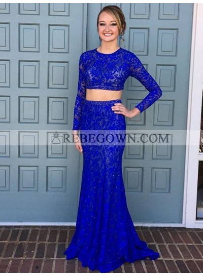 2023 Elegant Royal Blue Sheath Long Sleeves Lace Two Pieces Prom Dress