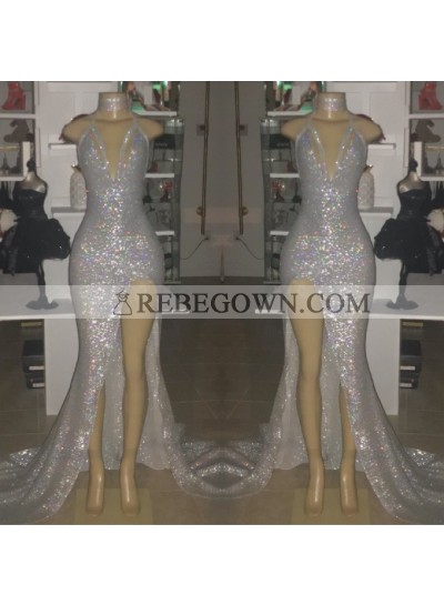 2023 Sexy Silver Halter V-neck Side Split Sequins Prom Dresses