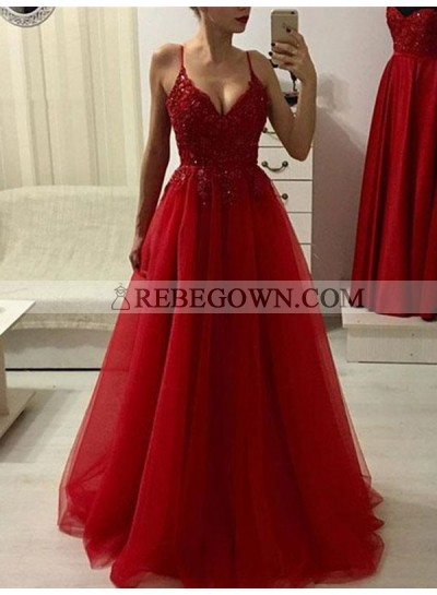 2023 Red Beaded Tulle Spaghetti V Neck Sleepless Prom Dresses