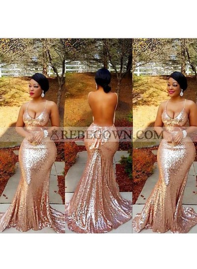 2023 Gold Low Cut Spaghetti Strap Backless Sequined Prom Dresses