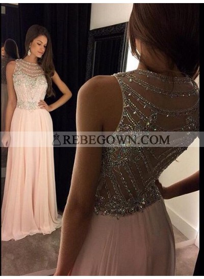 A Line Jewel Sheer Round Neck Sweetheart Ruffle Beading Pink Prom Dress