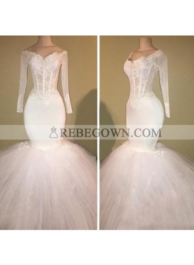 Long Sleeve White Off Shoulder Mermaid  Droped Tulle Applique Wedding Dresses