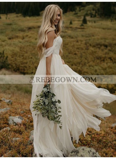 Ruffle Tiers Floor Length Off Shoulder Backless Chiffon Wedding Dresses