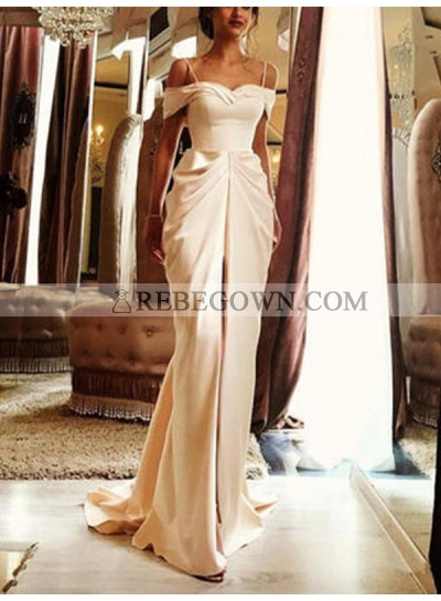 Mermaid  Off Shoulder Champagne Spaghetti Straps Backless Chapel Train Ruffle Wedding Dresses