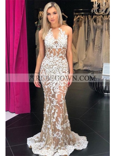2023 Chic & Modern White Lace Scoop Neck Sleeveless See Through Mermaid Prom Dresses