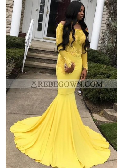 2023 Fresh Daffodil Long Sleeve Off-The-Shoulder Applique Mermaid Satin Prom Dresses