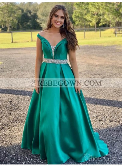 2023 Classic Jade A-Line V Neck Off-The-Shoulder Beaded Satin Plus Size Prom Dresses