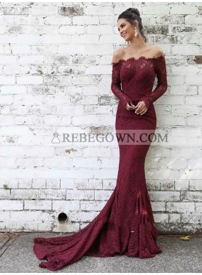 2023 Elegant Burgundy Off-The-Shoulder Long Sleeve Lace Mermaid Court Train Prom Dresses