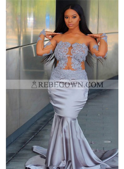 2023 Sexy Light-Slate-Gray Mermaid Applique Long Sleeve See Through Plus Size Prom Dresses