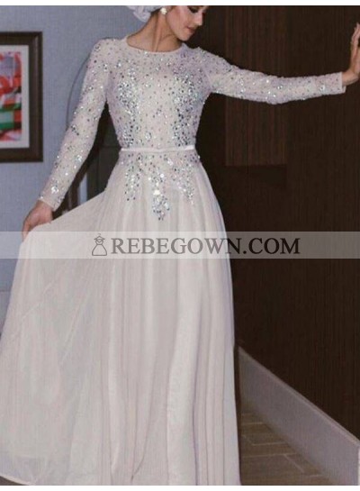 2023 Muslin Style Ivory Jewel Neck Long Sleeve Crystal Beaded Chiffon Prom Dresses