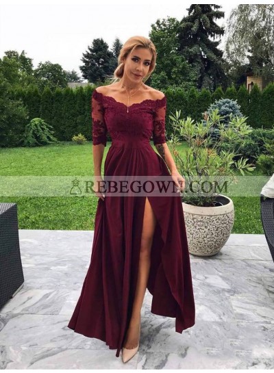 2023 Elegant Sheath/Column Off-The-Shoulder Half Sleeve Split-Front Lace Prom Dresses