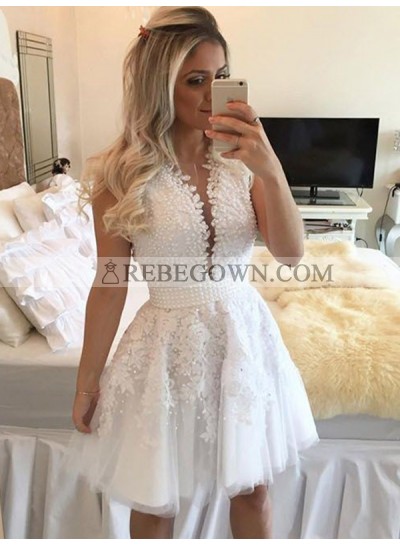 2023 A-Line Scoop Neck Sleeveless Applique Beading Tulle Cut Short/Mini Homecoming Dresses