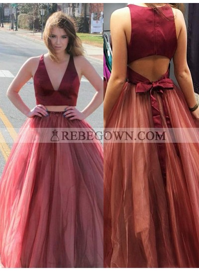 2023 V-neck Prom Dresses Sleeveless A-Line Tulle Burgundy Two Pieces Bow Knot Long