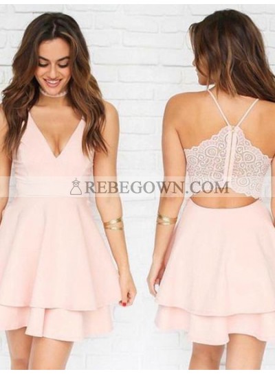 Deep V Neck Straps Lace Cut Out Pink A Line Pleated Tiered Satin Homecoming Dresses