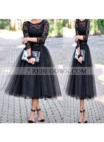 Scoop Lace Black A Line Long Sleeve Sheer Tulle Pleated Elegant Homecoming Dresses