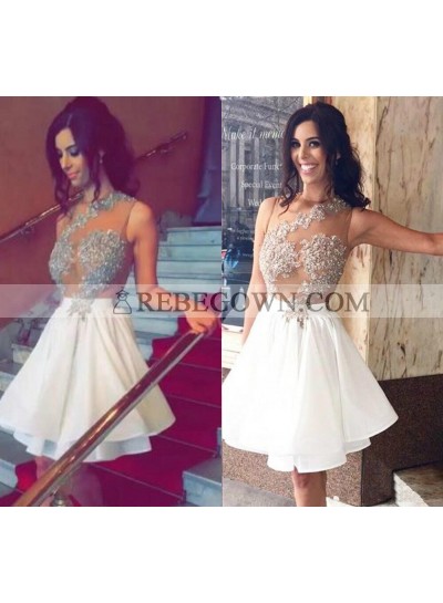 Jewel Sleeveless Sheer Appliques A Line White Tiered Chiffon Pleated Homecoming Dresses