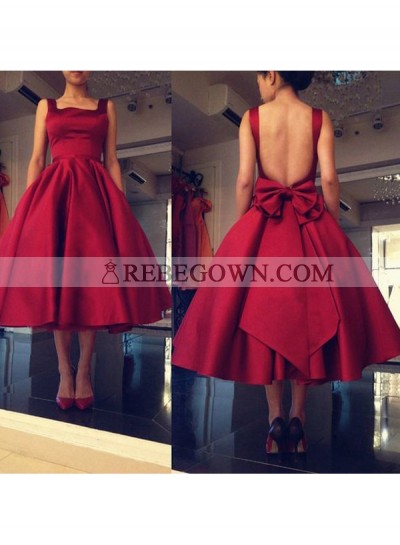 Square Neck Sleeveless Backless Ball Gown Satin Pleated Bowknot Homecoming Dresses
