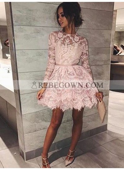 Long Sleeve Jewel Lace A Line Tiered Short Flowers Pink Sheer Homecoming Dresses