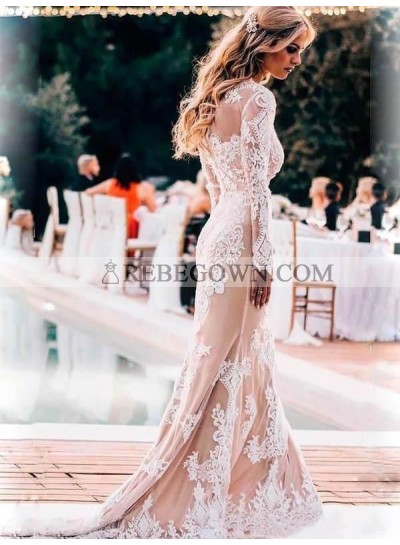 2023 Sheath New Arrival Wedding Dresses Scoop Champagne With Appliques Long Sleeves Bridal Gowns
