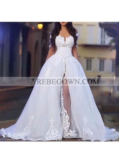 2023 Hot Sale Wedding Dresses White Long Sleeves Off Shoulder Side Slit Tulle With Appliques