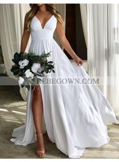 2023 Hot Sale Wedding Dresses A-Line White Empire Waist Sweetheart Side Slit Beach