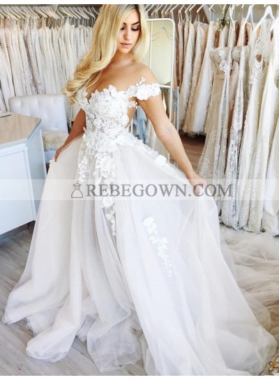 2023 Cheap A-Line Wedding Dresses Off Shoulder Tulle Sweetheart Lace Beach