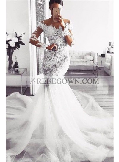 2023 Mermaid New Wedding Dresses Long Sleeves Off Shoulder Lace Tulle Long