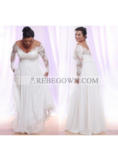 2023 Cheap A-Line Wedding Dresses Chiffon Off Shoulder Long Sleeves lace Plus Size