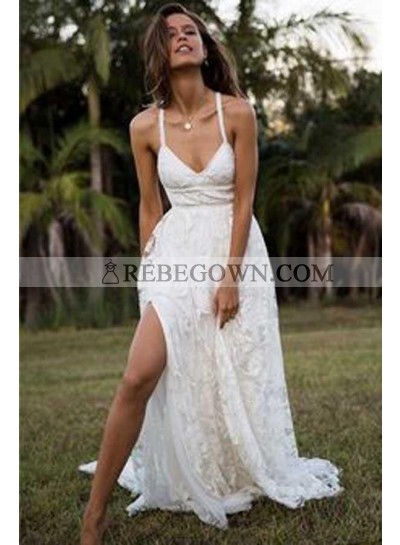 2023 Sexy Wedding Dresses A-Line Side Slit Sweetheart Lace Beach