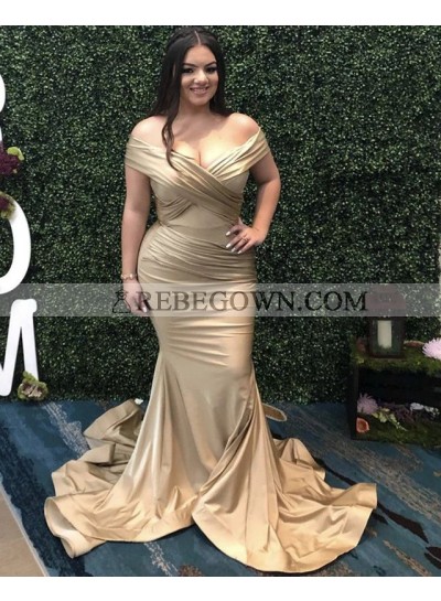 2023 Charming Prom Dresses Off Shoulder Mermaid Champagne Satin Plus Size