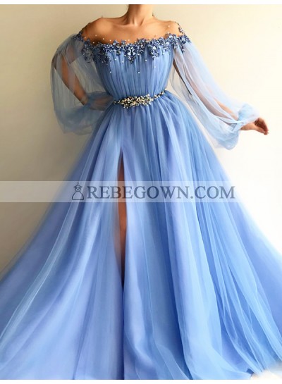 2023 New Arrival Prom Dresses A Line Blue Side Slit Tulle Off Shoulder Long Sleeves