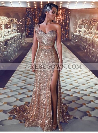 2023 New Arrival Prom Dresses Sheath Side Slit Champagne Sequence One Shoulder