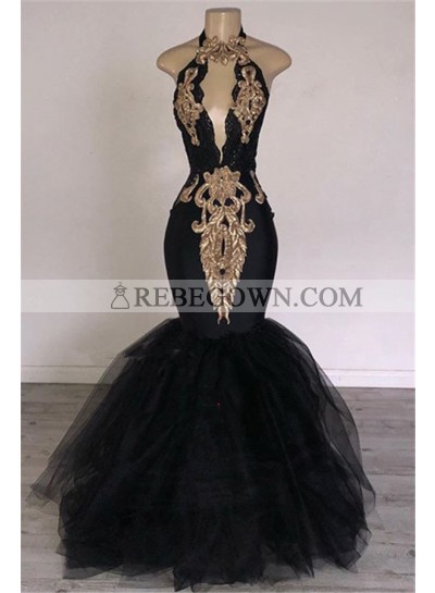 2023 Sexy Prom Dresses Black Mermaid Tulle With Gold Appliques V Neck Backless