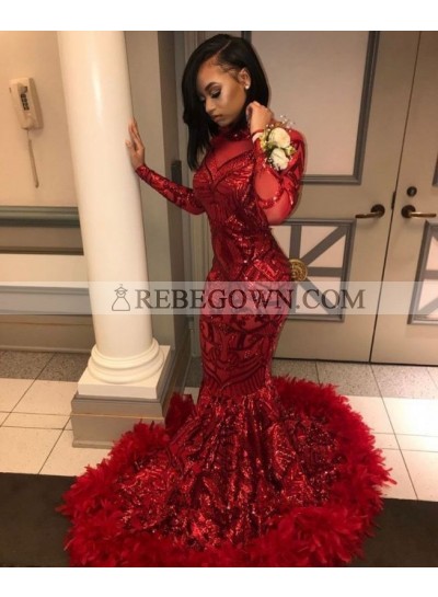 2023 Sexy Prom Dresses Red Mermaid Feathers Long Sleeves Lace Long