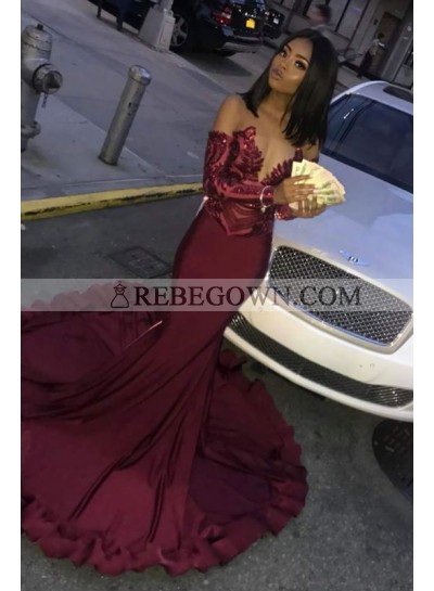 2023 Alluring Prom Dresses Mermaid Burgundy Sweetheart Off Shoulder Long Sleeves