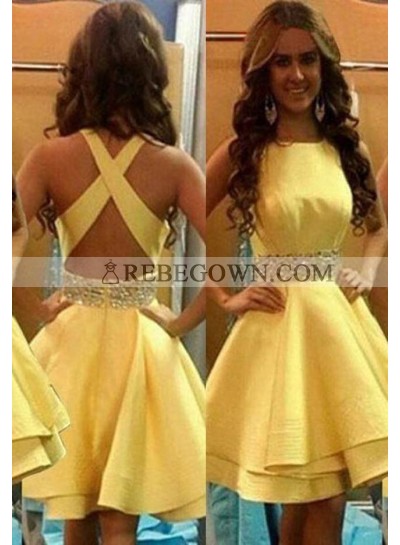 Elegant Beading Criss-Cross Satin Short Yellow Prom Dresses