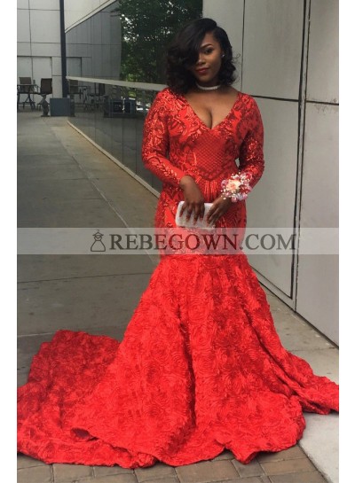 2023 Prom Dresses Red Mermaid Long Sleeves V Neck Rose Patterns Plus Size Long