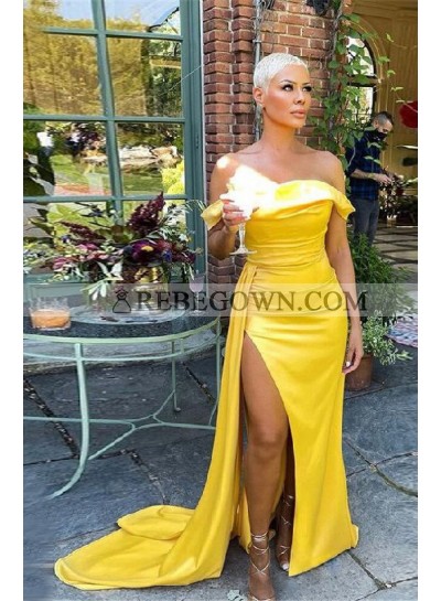 2023 Prom Dresses Off Shoulder Daffodil Side Slit Pleated Long Dress