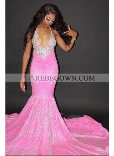 2023 Pink Halter Backless Sequence Long Mermaid Prom Dresses
