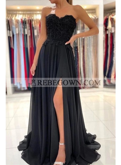 2023 A Line Chiffon Sweetheart Black Side Slit Lace Long Prom Dresses