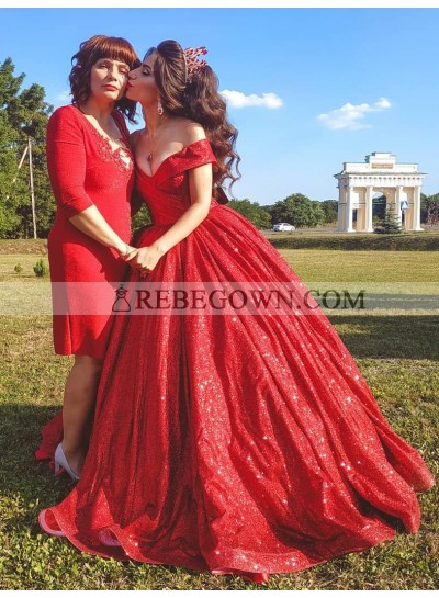 Red Off Shoulder Sequence Long 2023 Ball Gown Sequence Prom Dresses