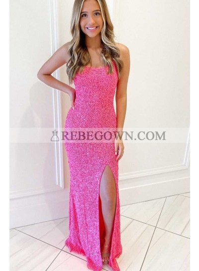 Pink Sheath Criss Cross Side Slit Sequence Long Prom Dresses 2023